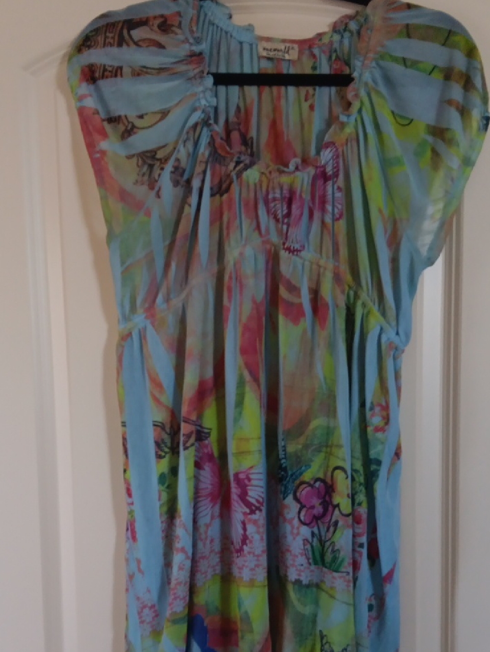 ONE WORLD Blue Multi-Color Floral Boho Tunic